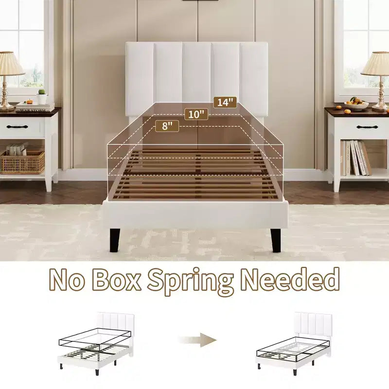Set of 2 Twin Size Bed Frame, Velvet Upholstered Platform Bed with Adjustable Vertical Channel Tufted Headboard, No Box Spring Needed, Easy Assembly