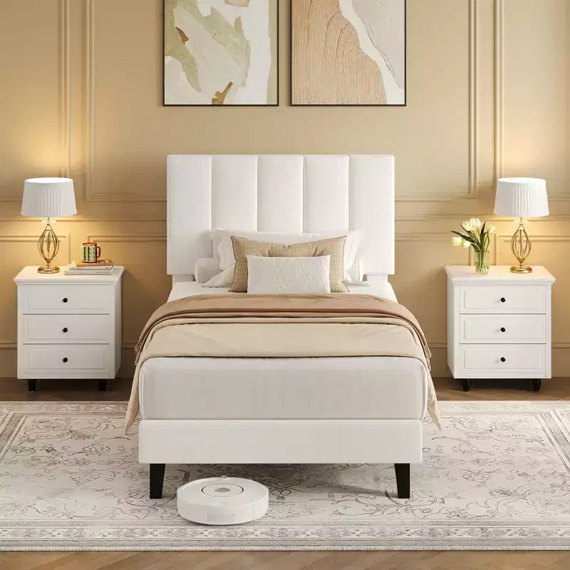 Set of 2 Twin Size Bed Frame, Velvet Upholstered Platform Bed with Adjustable Vertical Channel Tufted Headboard, No Box Spring Needed, Easy Assembly