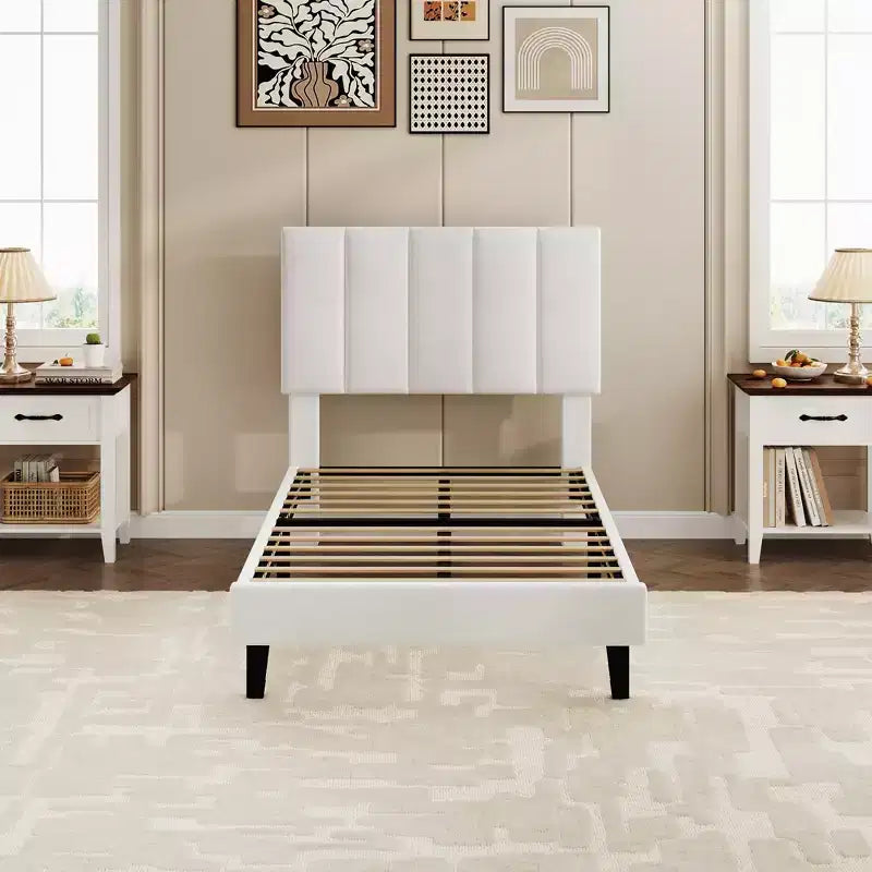 Set of 2 Twin Size Bed Frame, Velvet Upholstered Platform Bed with Adjustable Vertical Channel Tufted Headboard, No Box Spring Needed, Easy Assembly