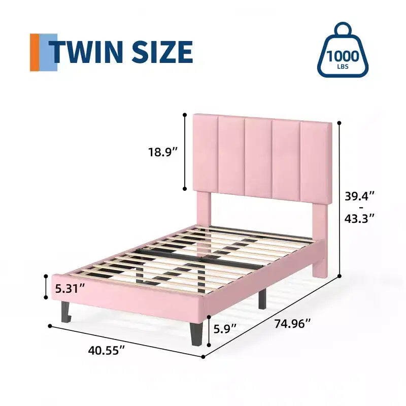 Set of 2 Twin Size Bed Frame, Velvet Upholstered Platform Bed with Adjustable Vertical Channel Tufted Headboard, No Box Spring Needed, Easy Assembly