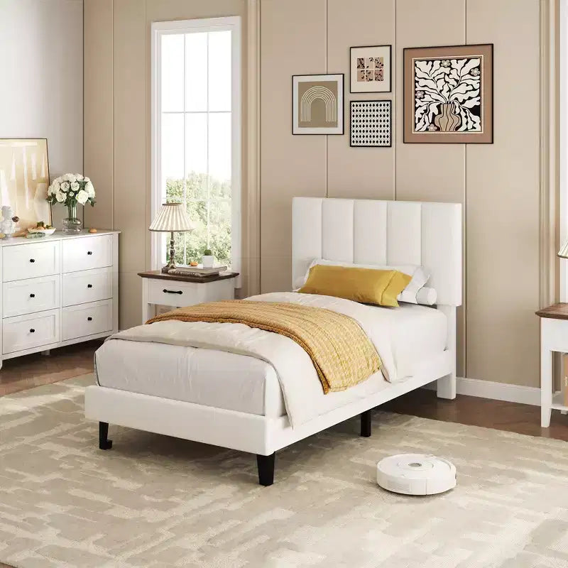 Set of 2 Twin Size Bed Frame, Velvet Upholstered Platform Bed with Adjustable Vertical Channel Tufted Headboard, No Box Spring Needed, Easy Assembly