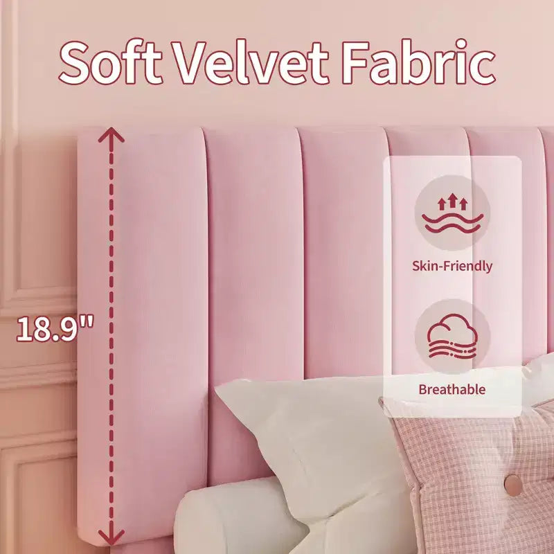 Set of 2 Twin Size Bed Frame, Velvet Upholstered Platform Bed with Adjustable Vertical Channel Tufted Headboard, No Box Spring Needed, Easy Assembly