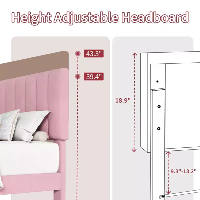 Set of 2 Twin Size Bed Frame, Velvet Upholstered Platform Bed with Adjustable Vertical Channel Tufted Headboard, No Box Spring Needed, Easy Assembly