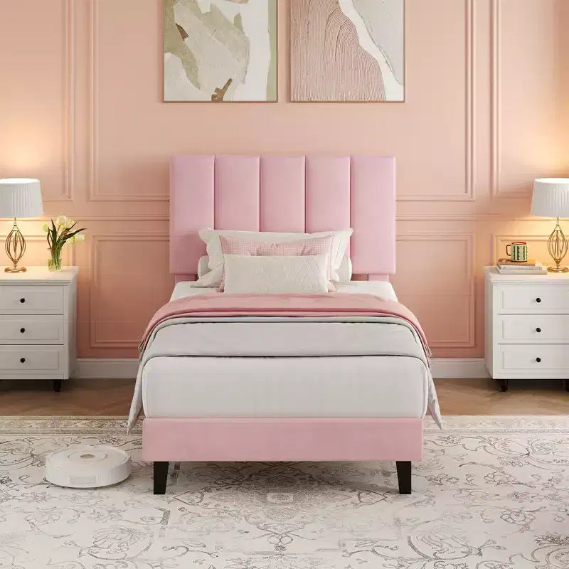 Set of 2 Twin Size Bed Frame, Velvet Upholstered Platform Bed with Adjustable Vertical Channel Tufted Headboard, No Box Spring Needed, Easy Assembly