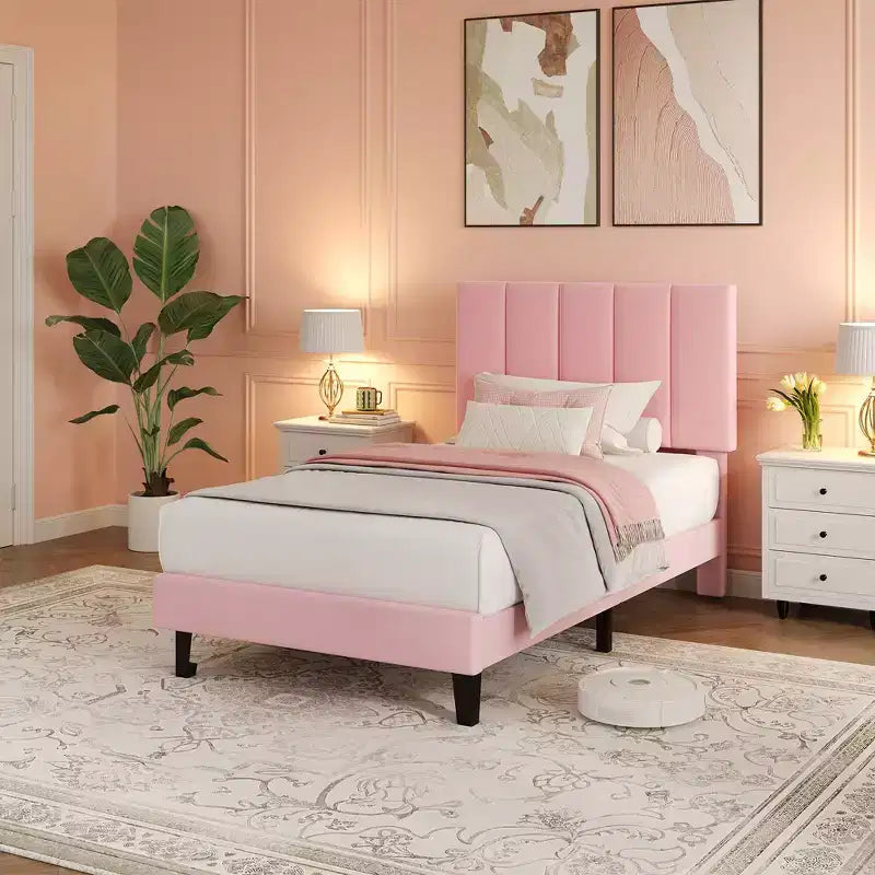 Set of 2 Twin Size Bed Frame, Velvet Upholstered Platform Bed with Adjustable Vertical Channel Tufted Headboard, No Box Spring Needed, Easy Assembly