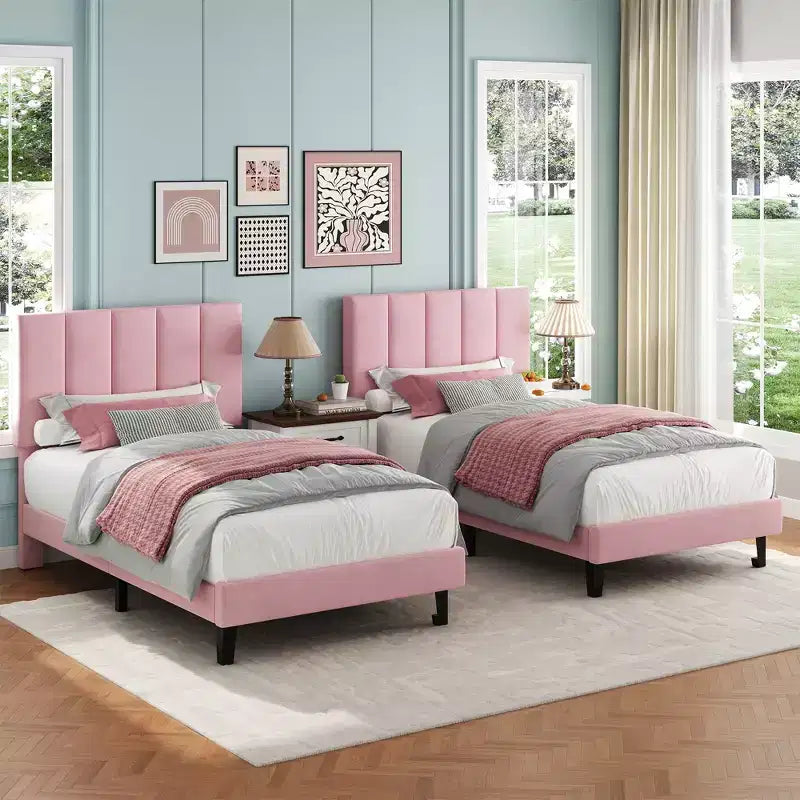 Set of 2 Twin Size Bed Frame, Velvet Upholstered Platform Bed with Adjustable Vertical Channel Tufted Headboard, No Box Spring Needed, Easy Assembly