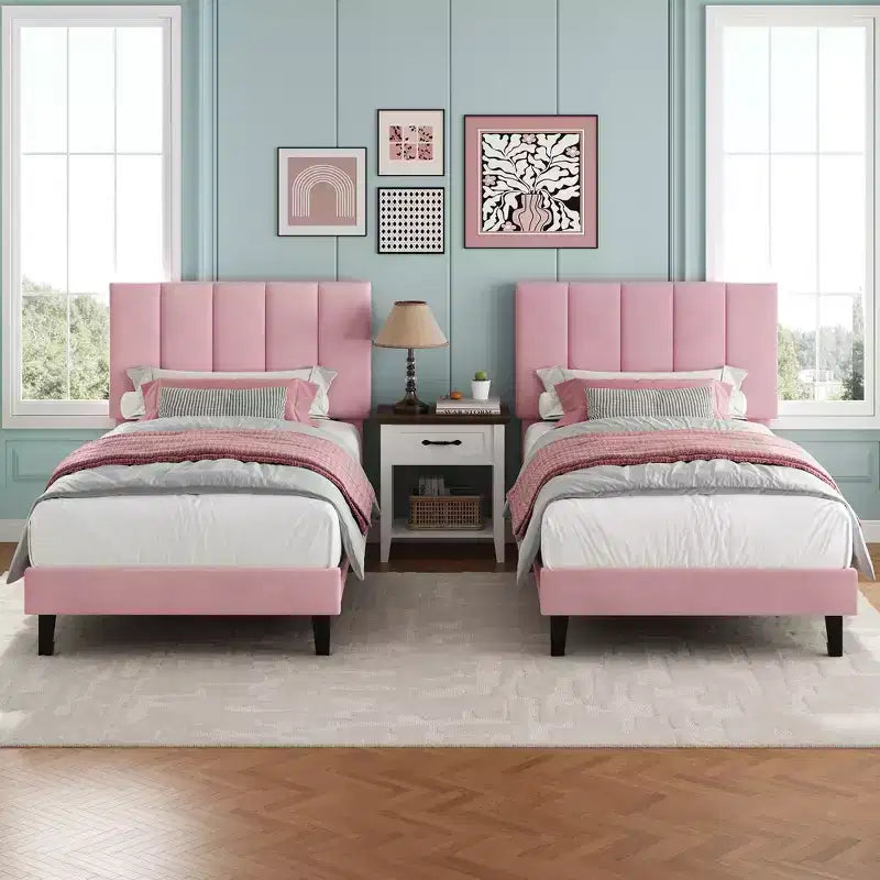 Set of 2 Twin Size Bed Frame, Velvet Upholstered Platform Bed with Adjustable Vertical Channel Tufted Headboard, No Box Spring Needed, Easy Assembly