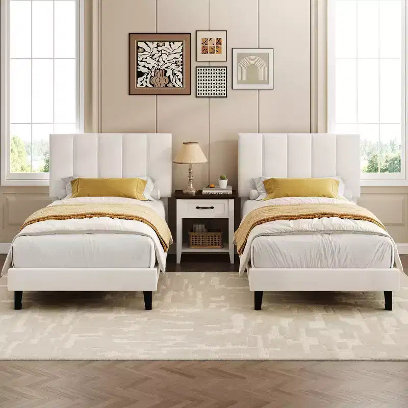 Set of 2 Twin Size Bed Frame, Velvet Upholstered Platform Bed with Adjustable Vertical Channel Tufted Headboard, No Box Spring Needed, Easy Assembly