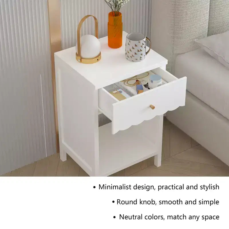 Modern White Nightstand with Drawer and Open Shelf,Scalloped Edge Bedside Table for Bedroom, Cute Minimalist Side Table for Kids Room or Girls' Room