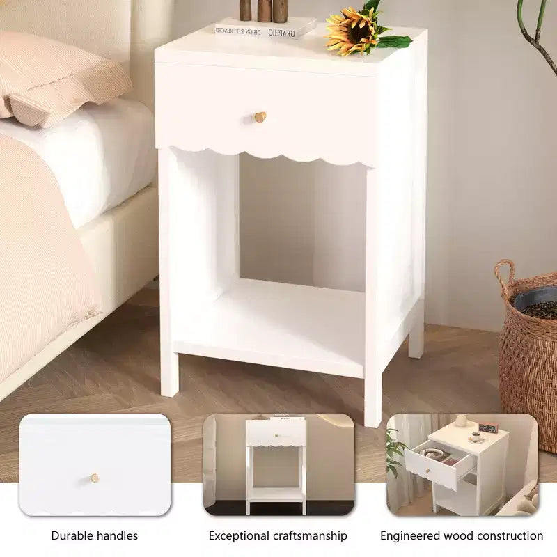 Modern White Nightstand with Drawer and Open Shelf,Scalloped Edge Bedside Table for Bedroom, Cute Minimalist Side Table for Kids Room or Girls' Room