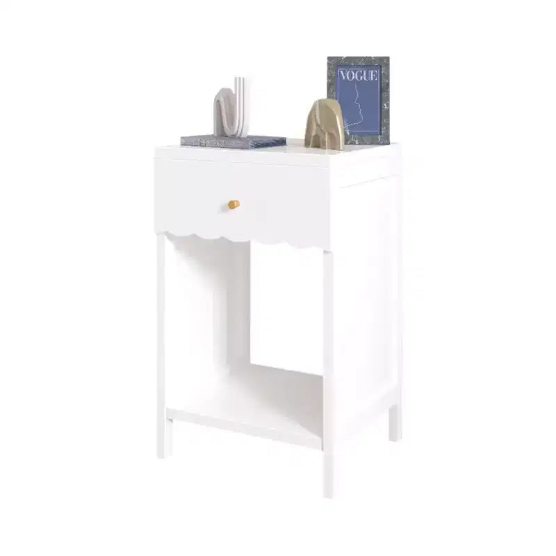 Modern White Nightstand with Drawer and Open Shelf,Scalloped Edge Bedside Table for Bedroom, Cute Minimalist Side Table for Kids Room or Girls' Room