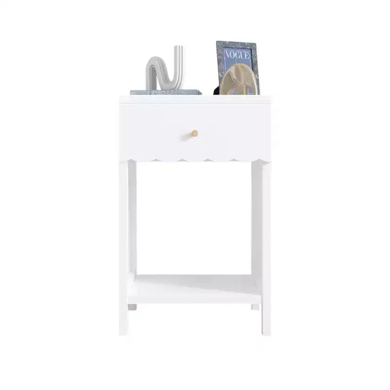 Modern White Nightstand with Drawer and Open Shelf,Scalloped Edge Bedside Table for Bedroom, Cute Minimalist Side Table for Kids Room or Girls' Room