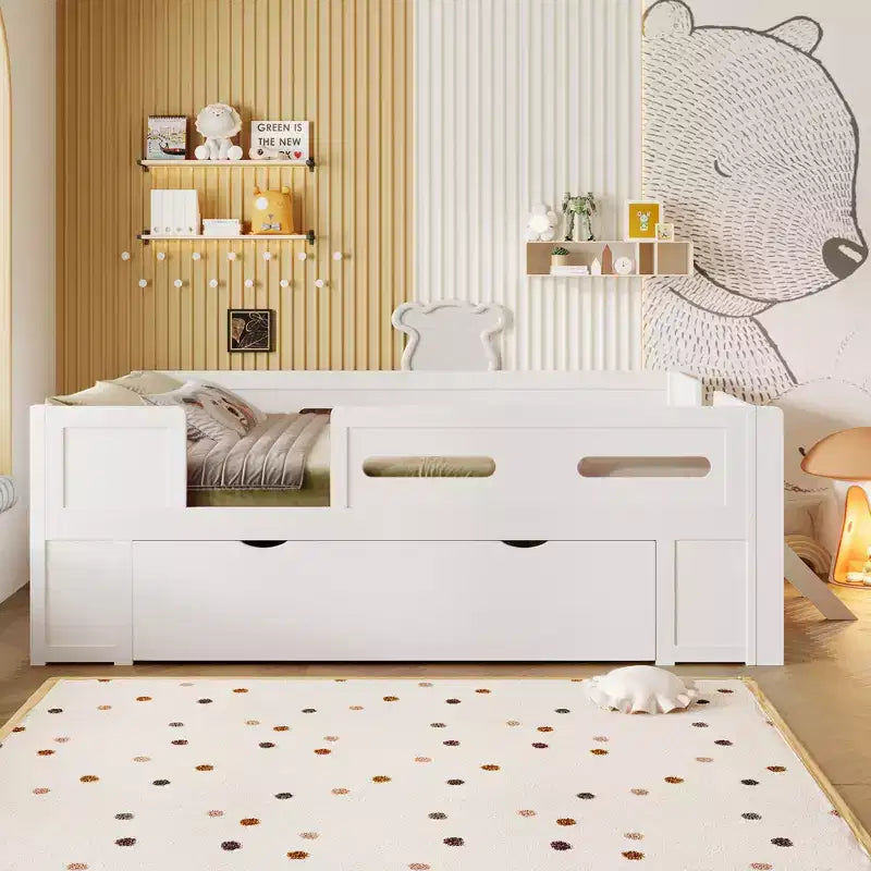 Twin/Full Size Platform Bed Frame with Semi-Enclosed Guardrail and Drawer - ModernLuxe