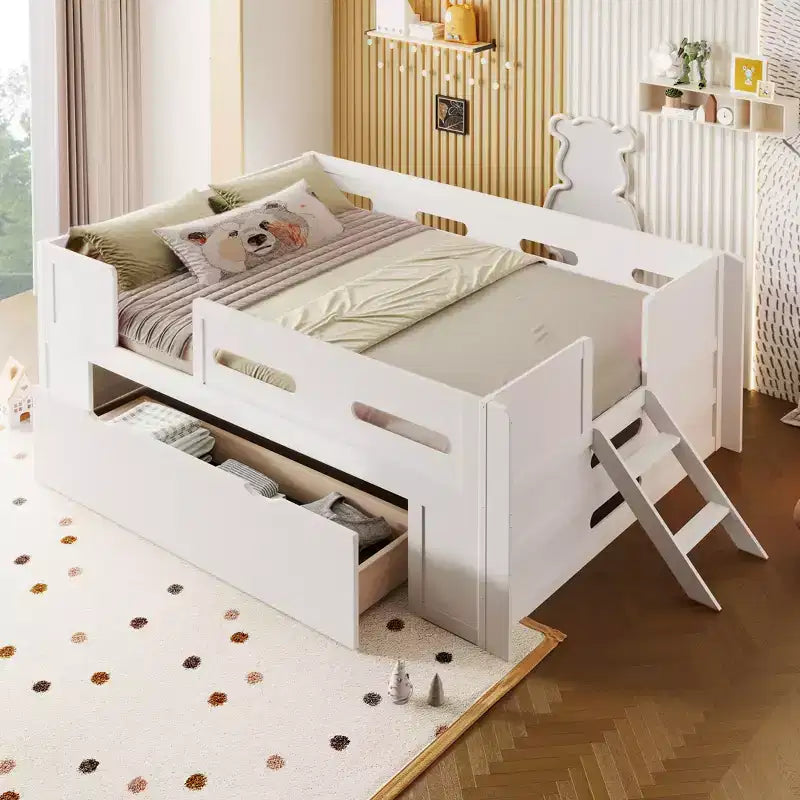 Twin/Full Size Platform Bed Frame with Semi-Enclosed Guardrail and Drawer - ModernLuxe