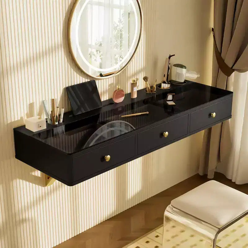 JVNOXK 47-inch Multi-Function Wall-Mounted Vanity with Drawers and Floating Shelves, Suitable for Desks, Bedrooms, and Hair Styling, Black and Gold