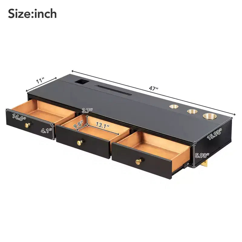 JVNOXK 47-inch Multi-Function Wall-Mounted Vanity with Drawers and Floating Shelves, Suitable for Desks, Bedrooms, and Hair Styling, Black and Gold