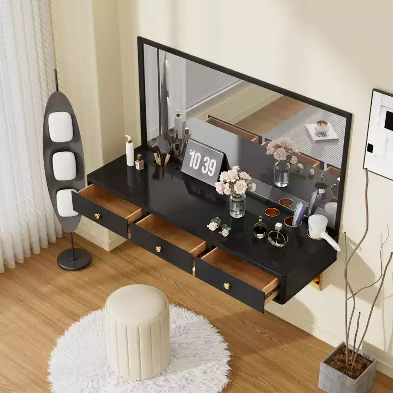 JVNOXK 47-inch Multi-Function Wall-Mounted Vanity with Drawers and Floating Shelves, Suitable for Desks, Bedrooms, and Hair Styling, Black and Gold