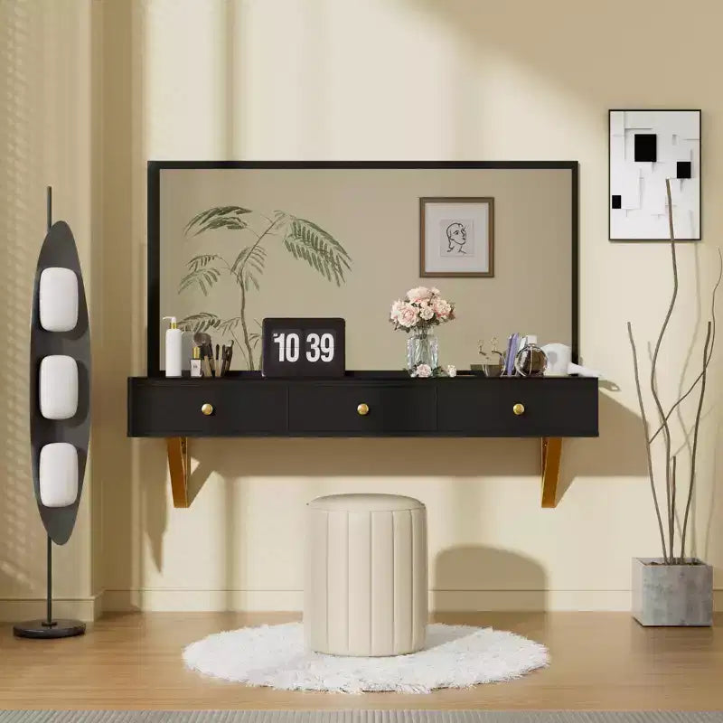 JVNOXK 47-inch Multi-Function Wall-Mounted Vanity with Drawers and Floating Shelves, Suitable for Desks, Bedrooms, and Hair Styling, Black and Gold