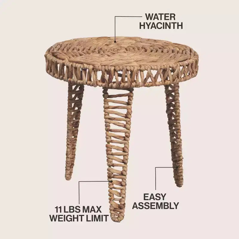 JONATHAN Y Amara 17 Coastal Bohemian Handwoven Water Hyacinth Round Tripod End Table