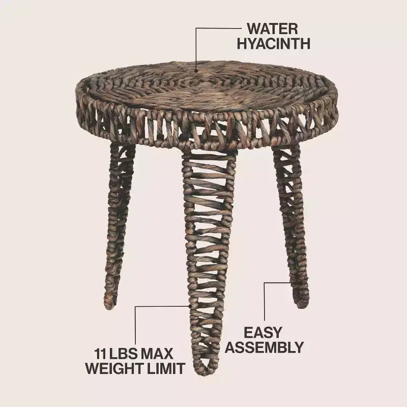 JONATHAN Y Amara 17 Coastal Bohemian Handwoven Water Hyacinth Round Tripod End Table