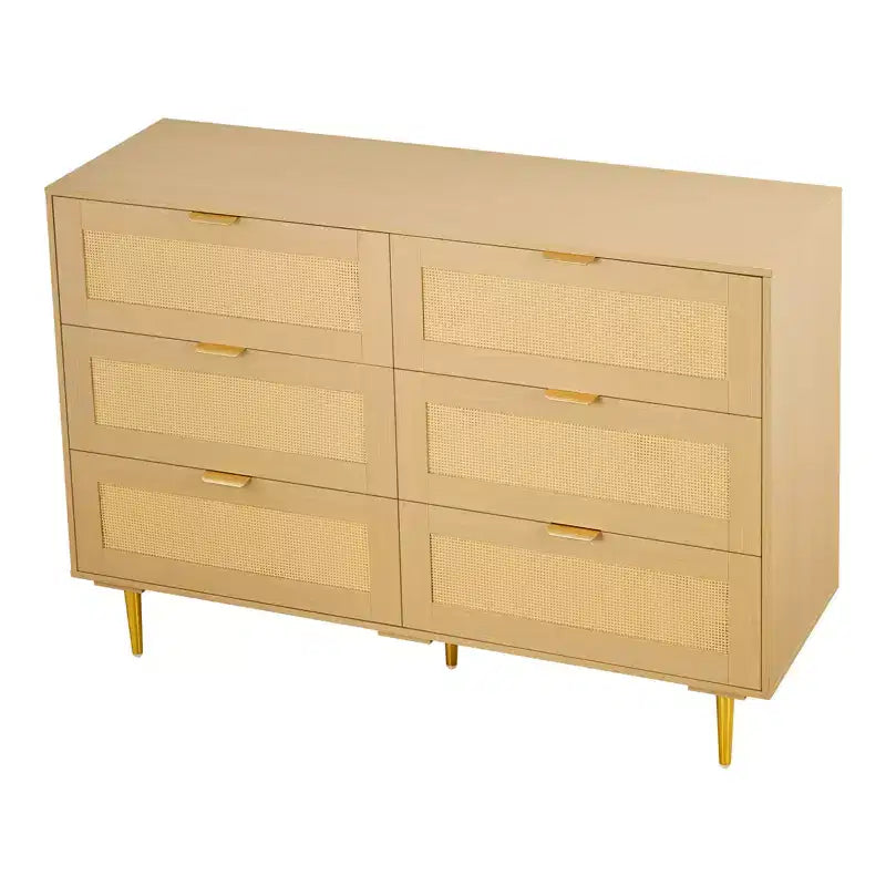 VEVOR 6 Drawer Rattan Dresser, Double Dresser for Bedroom, Natural Rattan Chest of Drawers with Metal Handles & Legs, Wood Color