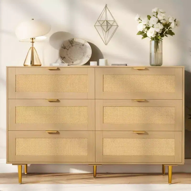VEVOR 6 Drawer Rattan Dresser, Double Dresser for Bedroom, Natural Rattan Chest of Drawers with Metal Handles & Legs, Wood Color