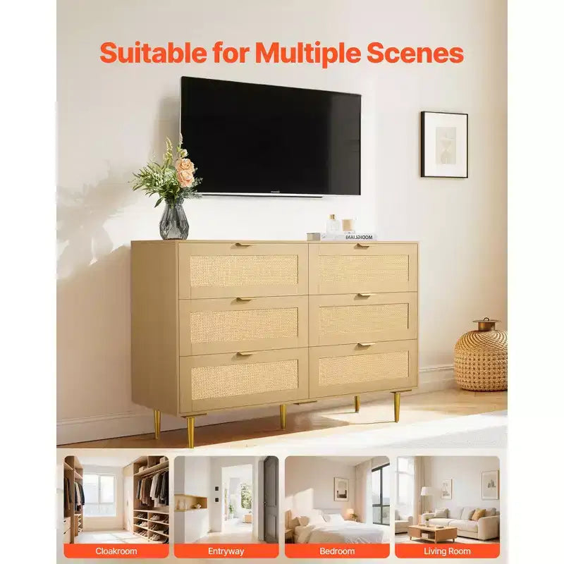 VEVOR 6 Drawer Rattan Dresser, Double Dresser for Bedroom, Natural Rattan Chest of Drawers with Metal Handles & Legs, Wood Color