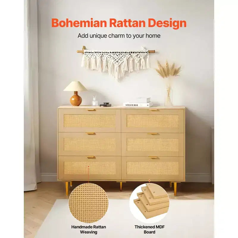 VEVOR 6 Drawer Rattan Dresser, Double Dresser for Bedroom, Natural Rattan Chest of Drawers with Metal Handles & Legs, Wood Color