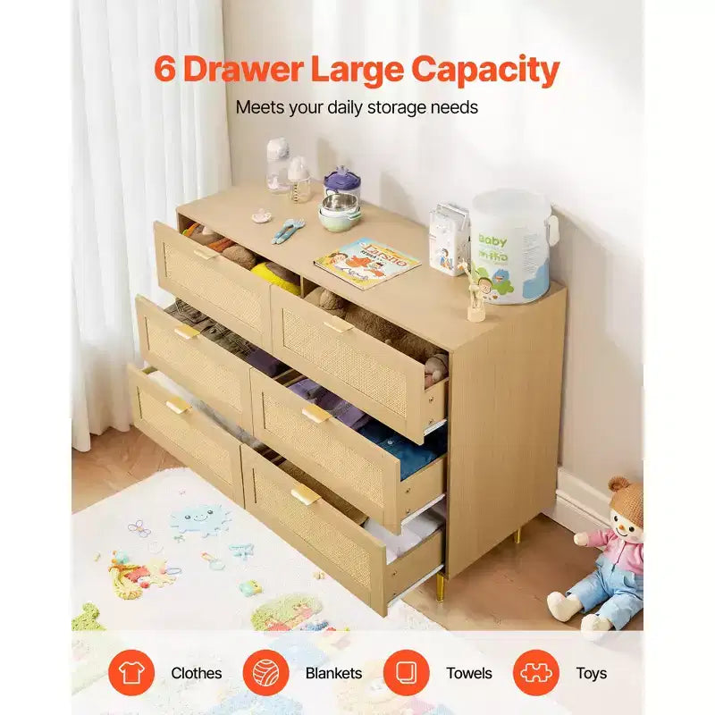 VEVOR 6 Drawer Rattan Dresser, Double Dresser for Bedroom, Natural Rattan Chest of Drawers with Metal Handles & Legs, Wood Color