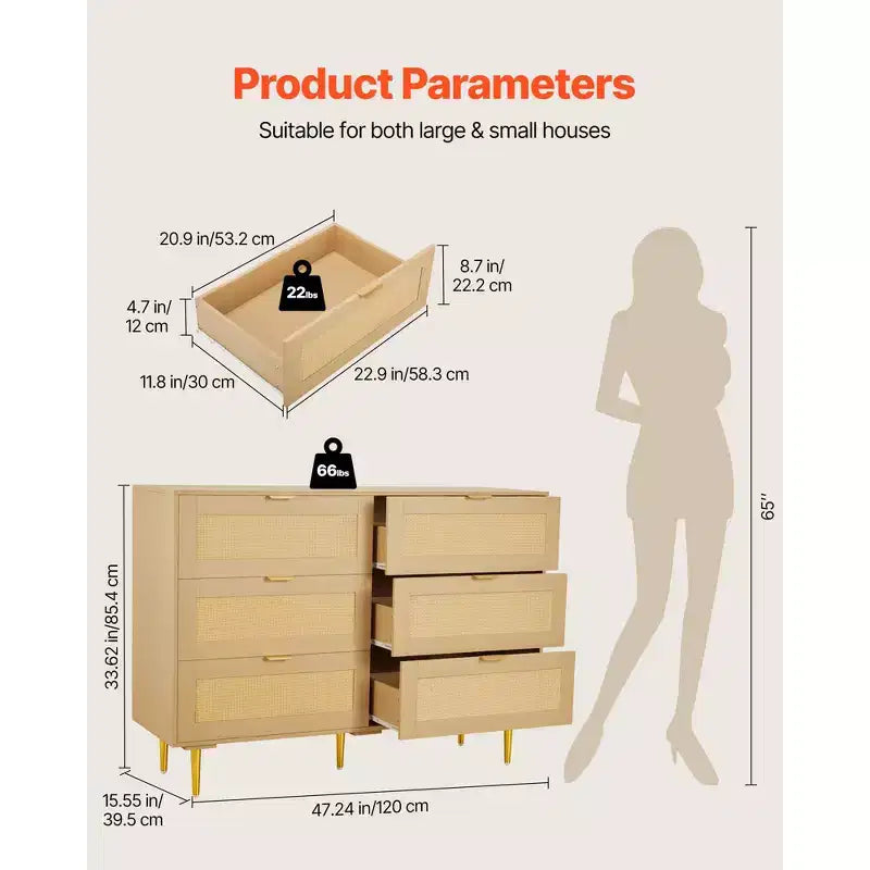 VEVOR 6 Drawer Rattan Dresser, Double Dresser for Bedroom, Natural Rattan Chest of Drawers with Metal Handles & Legs, Wood Color