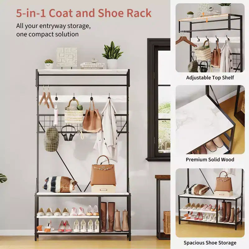 5 in 1 Hall Tree with Bench and Shoe Storage,39 Coat and Shoe Rack with Adjustable Shelf,Versatile Freestanding Clothes Rack for Bedroom