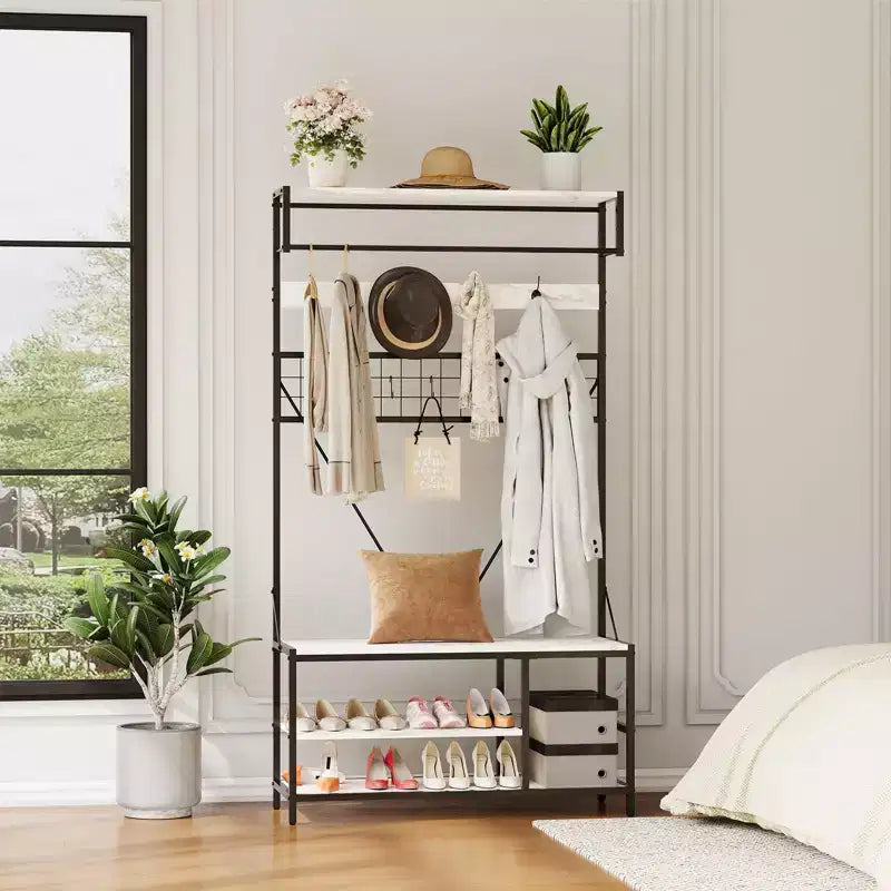 5 in 1 Hall Tree with Bench and Shoe Storage,39 Coat and Shoe Rack with Adjustable Shelf,Versatile Freestanding Clothes Rack for Bedroom