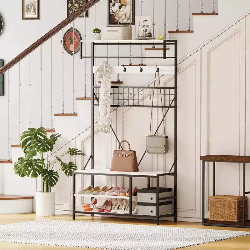 5 in 1 Hall Tree with Bench and Shoe Storage,39 Coat and Shoe Rack with Adjustable Shelf,Versatile Freestanding Clothes Rack for Bedroom