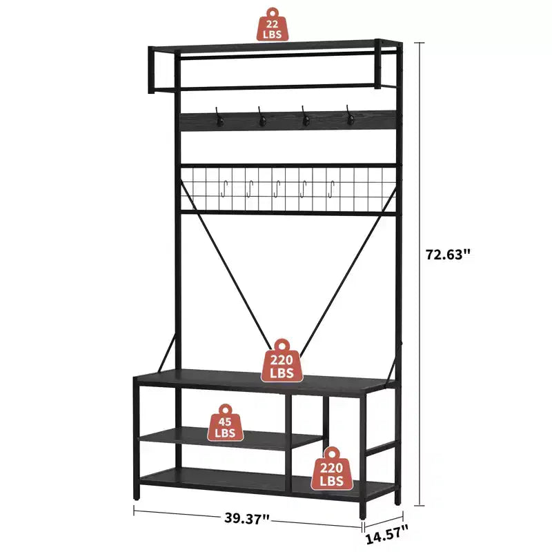 5 in 1 Hall Tree with Bench and Shoe Storage,39 Coat and Shoe Rack with Adjustable Shelf,Versatile Freestanding Clothes Rack for Bedroom