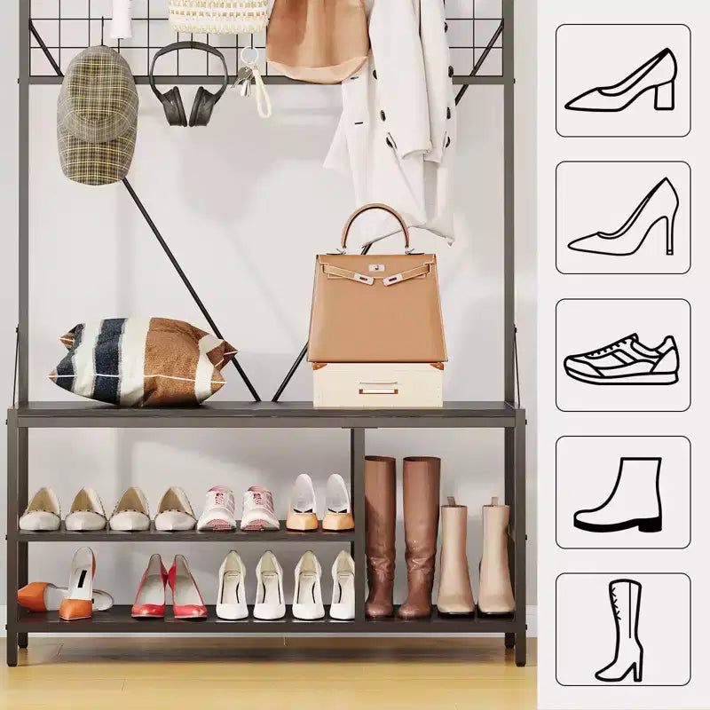 5 in 1 Hall Tree with Bench and Shoe Storage,39 Coat and Shoe Rack with Adjustable Shelf,Versatile Freestanding Clothes Rack for Bedroom