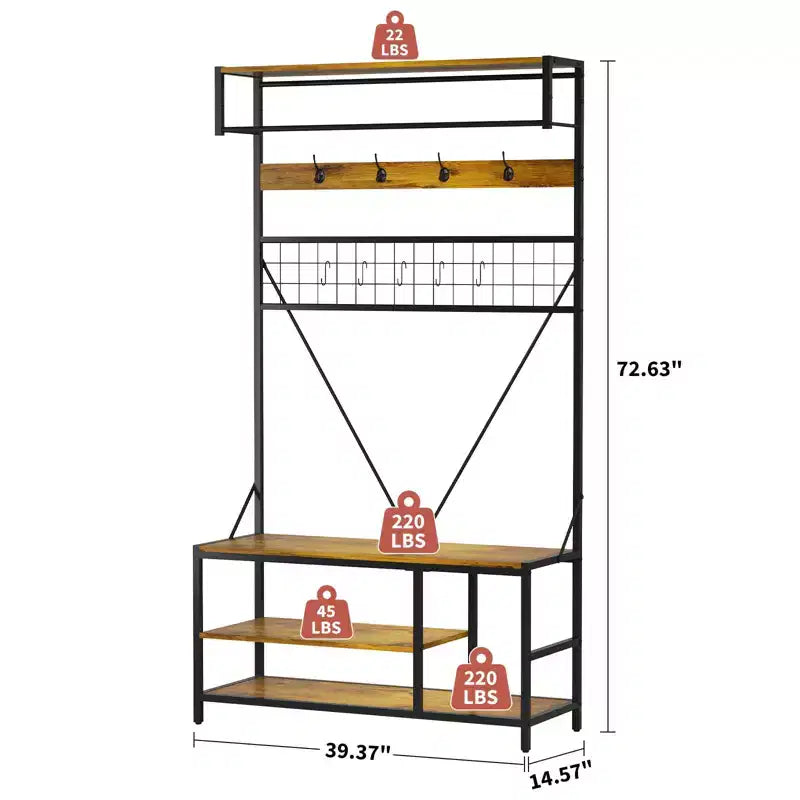 5 in 1 Hall Tree with Bench and Shoe Storage,39 Coat and Shoe Rack with Adjustable Shelf,Versatile Freestanding Clothes Rack for Bedroom
