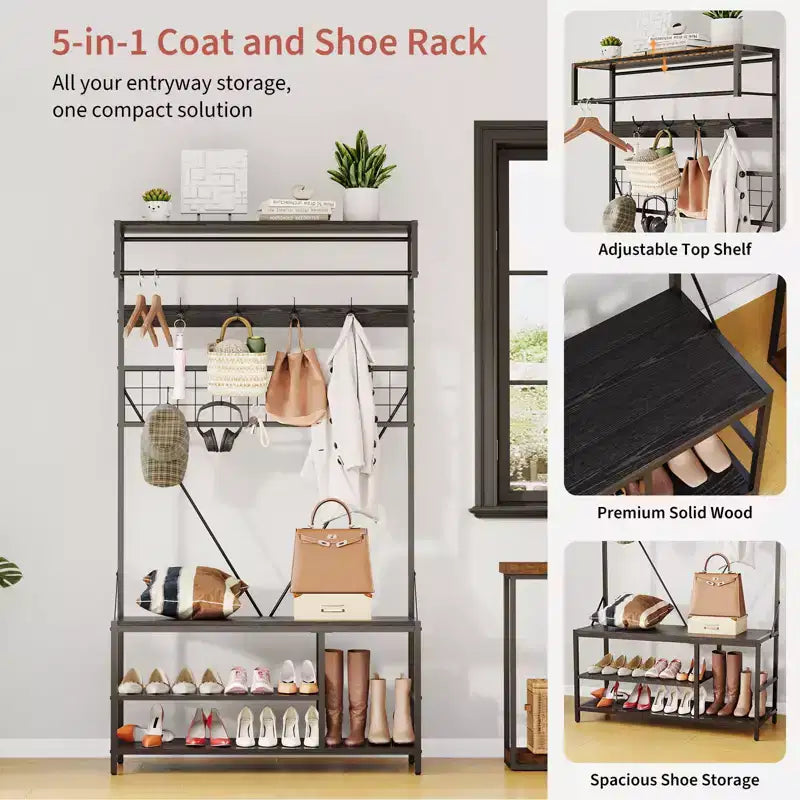 5 in 1 Hall Tree with Bench and Shoe Storage,39 Coat and Shoe Rack with Adjustable Shelf,Versatile Freestanding Clothes Rack for Bedroom