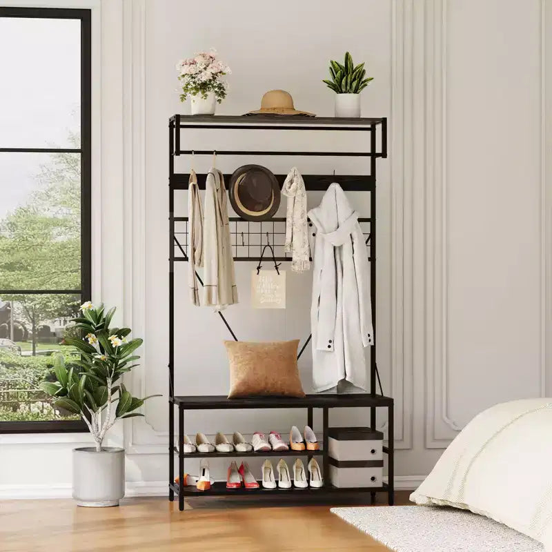 5 in 1 Hall Tree with Bench and Shoe Storage,39 Coat and Shoe Rack with Adjustable Shelf,Versatile Freestanding Clothes Rack for Bedroom