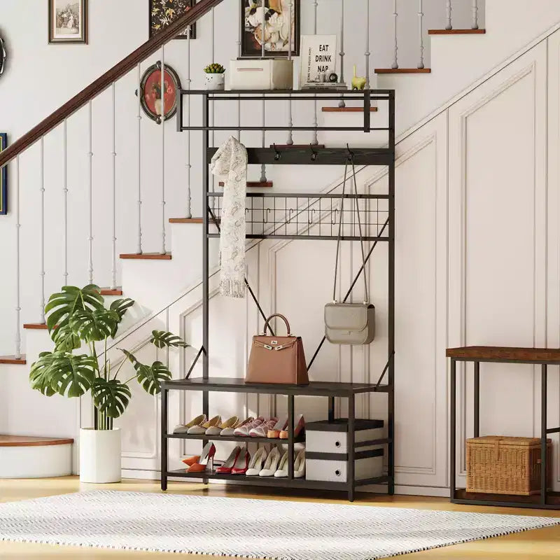 5 in 1 Hall Tree with Bench and Shoe Storage,39 Coat and Shoe Rack with Adjustable Shelf,Versatile Freestanding Clothes Rack for Bedroom