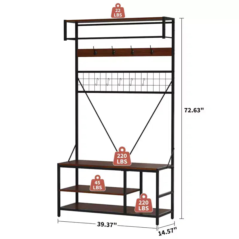 5 in 1 Hall Tree with Bench and Shoe Storage,39 Coat and Shoe Rack with Adjustable Shelf,Versatile Freestanding Clothes Rack for Bedroom