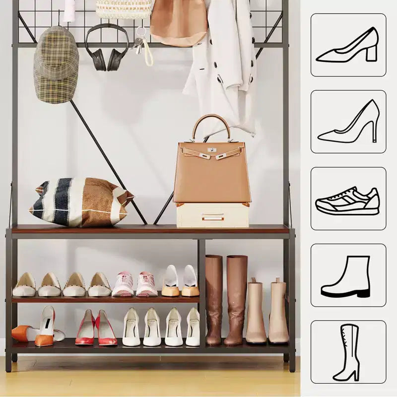 5 in 1 Hall Tree with Bench and Shoe Storage,39 Coat and Shoe Rack with Adjustable Shelf,Versatile Freestanding Clothes Rack for Bedroom