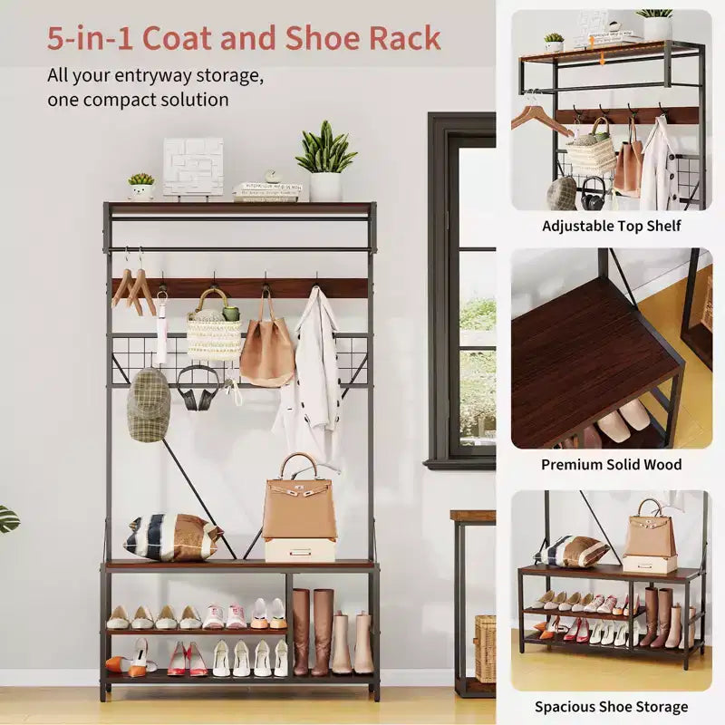 5 in 1 Hall Tree with Bench and Shoe Storage,39 Coat and Shoe Rack with Adjustable Shelf,Versatile Freestanding Clothes Rack for Bedroom
