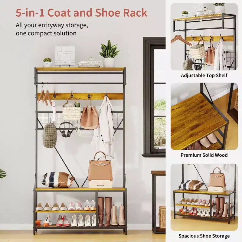 5 in 1 Hall Tree with Bench and Shoe Storage,39 Coat and Shoe Rack with Adjustable Shelf,Versatile Freestanding Clothes Rack for Bedroom