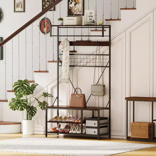 5 in 1 Hall Tree with Bench and Shoe Storage,39 Coat and Shoe Rack with Adjustable Shelf,Versatile Freestanding Clothes Rack for Bedroom
