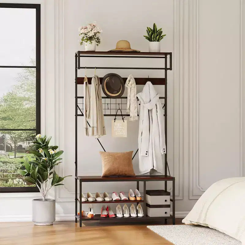 5 in 1 Hall Tree with Bench and Shoe Storage,39 Coat and Shoe Rack with Adjustable Shelf,Versatile Freestanding Clothes Rack for Bedroom