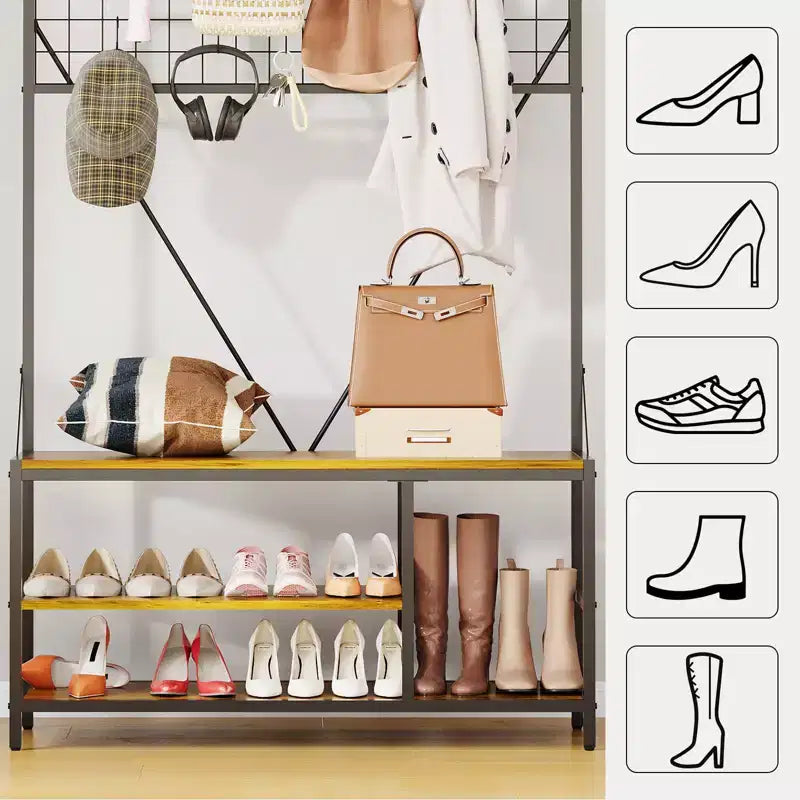 5 in 1 Hall Tree with Bench and Shoe Storage,39 Coat and Shoe Rack with Adjustable Shelf,Versatile Freestanding Clothes Rack for Bedroom