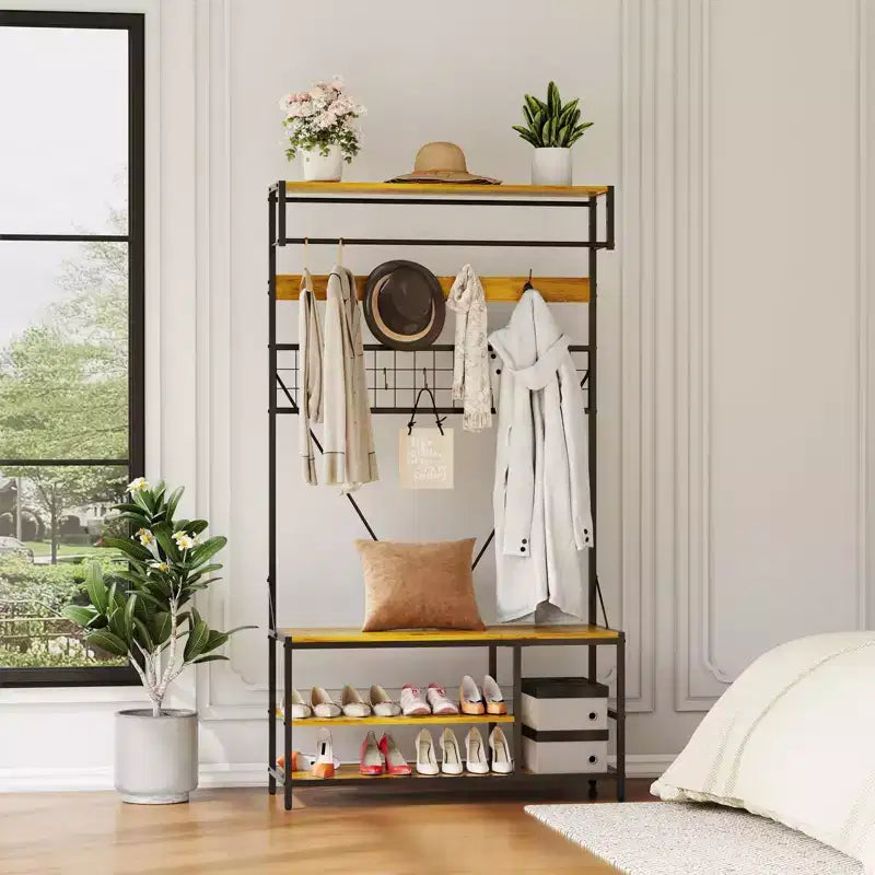 5 in 1 Hall Tree with Bench and Shoe Storage,39 Coat and Shoe Rack with Adjustable Shelf,Versatile Freestanding Clothes Rack for Bedroom
