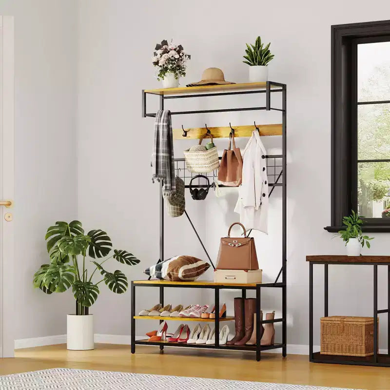 5 in 1 Hall Tree with Bench and Shoe Storage,39 Coat and Shoe Rack with Adjustable Shelf,Versatile Freestanding Clothes Rack for Bedroom