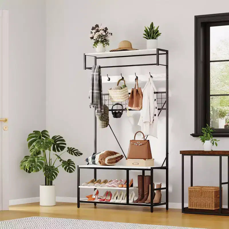 5 in 1 Hall Tree with Bench and Shoe Storage,39 Coat and Shoe Rack with Adjustable Shelf,Versatile Freestanding Clothes Rack for Bedroom
