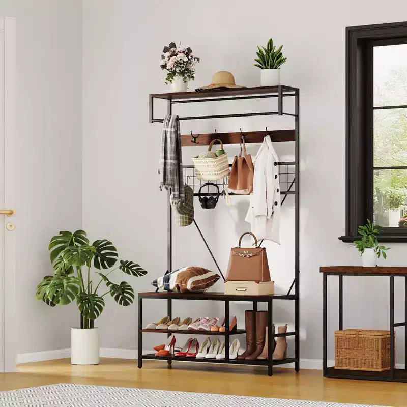5 in 1 Hall Tree with Bench and Shoe Storage,39 Coat and Shoe Rack with Adjustable Shelf,Versatile Freestanding Clothes Rack for Bedroom